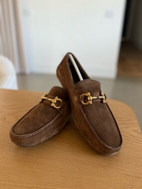 Salvatore Ferragamo Brown Suede Loafers with Gold Horsebit
